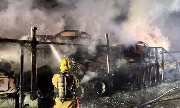 Hauler Carrying Six Cars Catches Fire, Hwy. 154 Closed Overnight