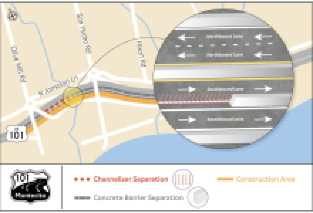 Highway 101 Southbound Divided Lanes Start July 12 in Montecito; Improved Northbound Lanes, New Auxiliary Lane, Northbound On-ramp at San Ysidro Road, and Off-ramp at Hermosillo Road Are Open