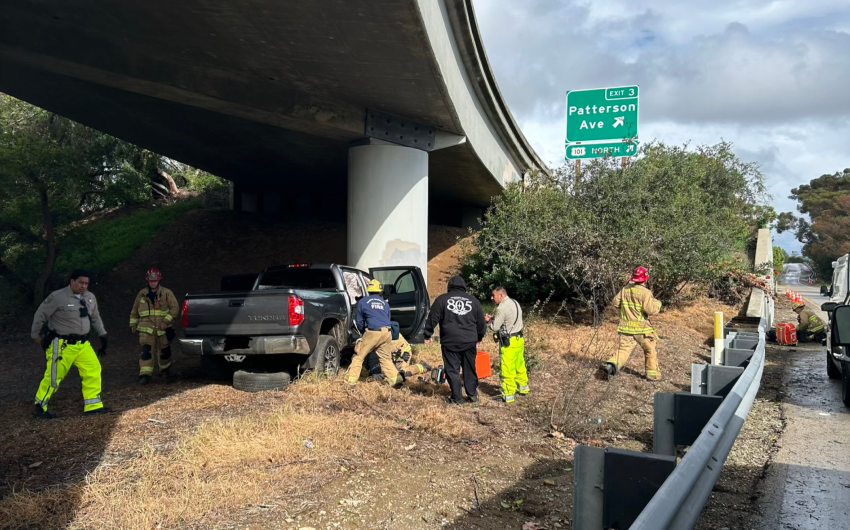Four Injured After Pickup Crashes into Overpass Pillar off Highway 101 in Goleta