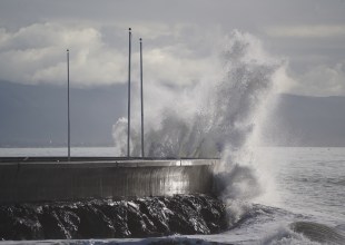 Waves Crash over Santa Barbara Breakwater